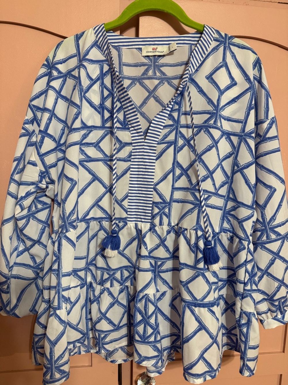 Vineyard Vines White Top with Blue Geometric Print and Tassels